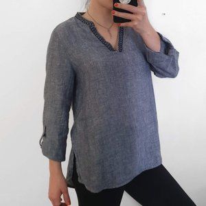 Artisan Blue Linen Notch Neckline Blouse